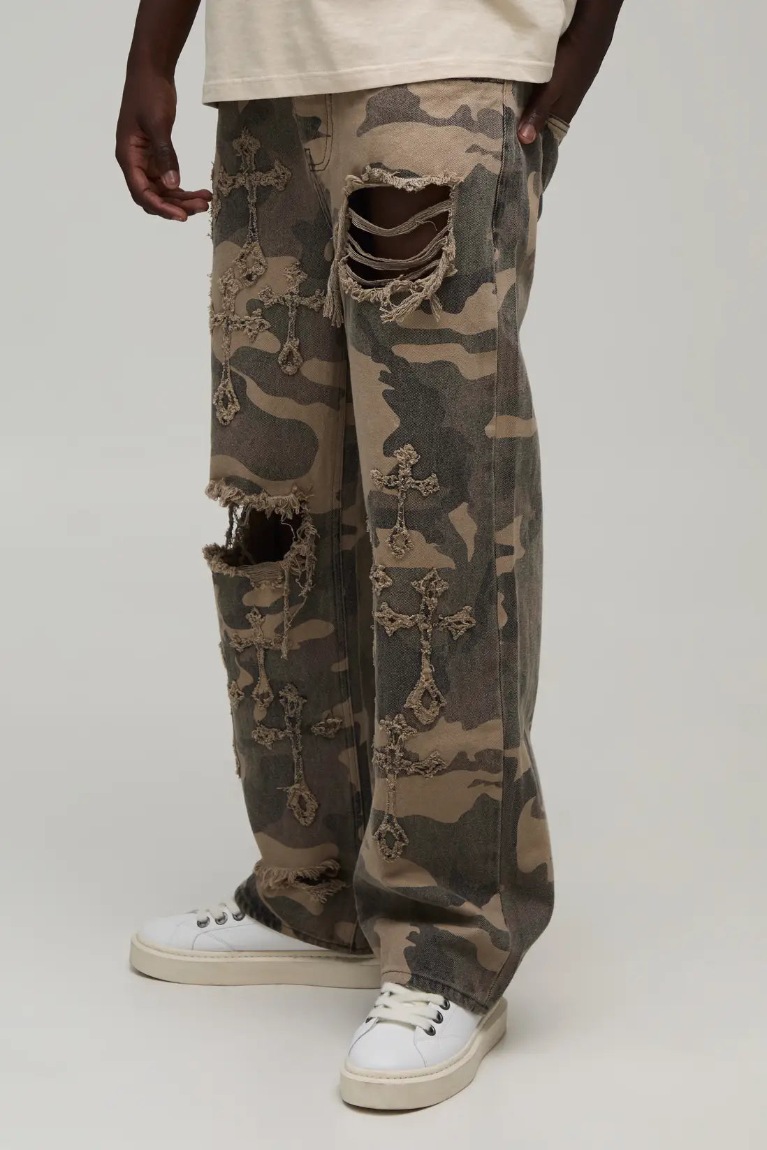 Camo Gothic Cross Distressed Relaxed Fit Jeans