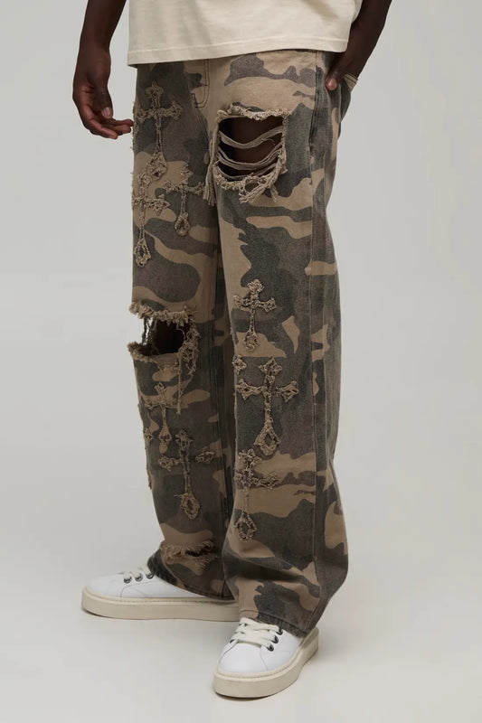 Camo Gothic Cross Distressed Relaxed Fit Jeans