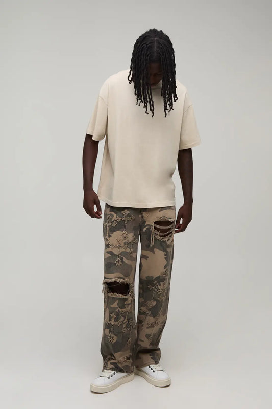Camo Gothic Cross Distressed Relaxed Fit Jeans