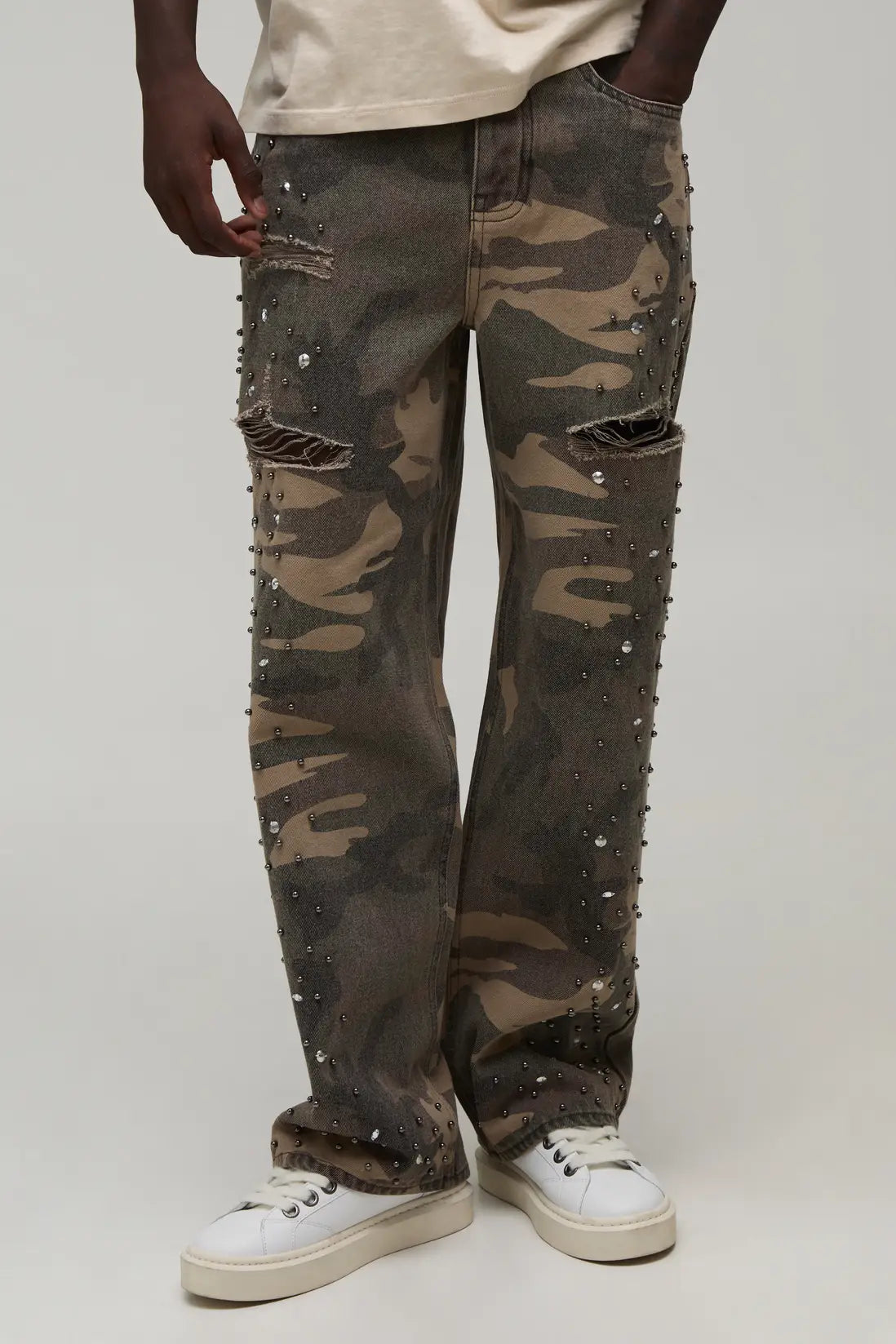 Camo Relaxed Rhinestone Embellished Ripped Jeans