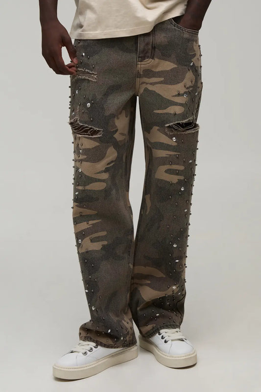 Camo Relaxed Rhinestone Embellished Ripped Jeans