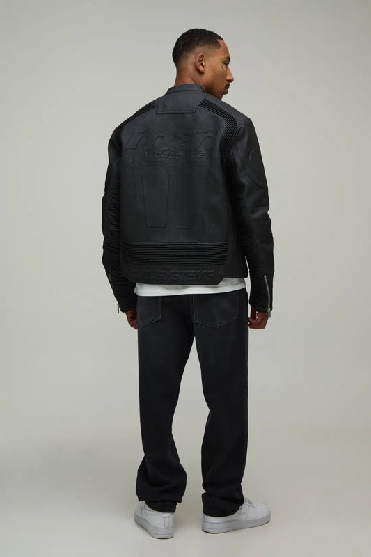 Boxy Fit Embossed Man Moto Jacket