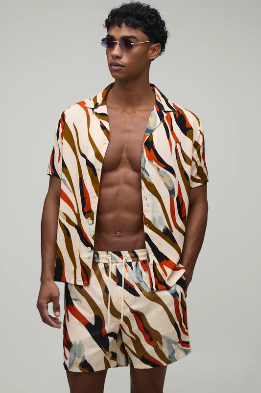 Abstract Zebra Printed Shirt & Swim Short Set