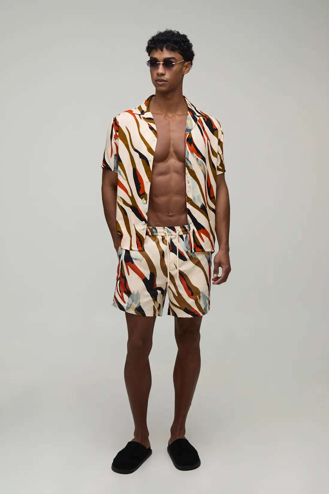 Abstract Zebra Printed Shirt & Swim Short Set