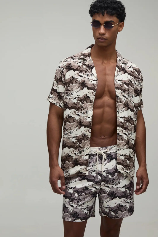 Monochrome Printed Shirt & Swim Short Set