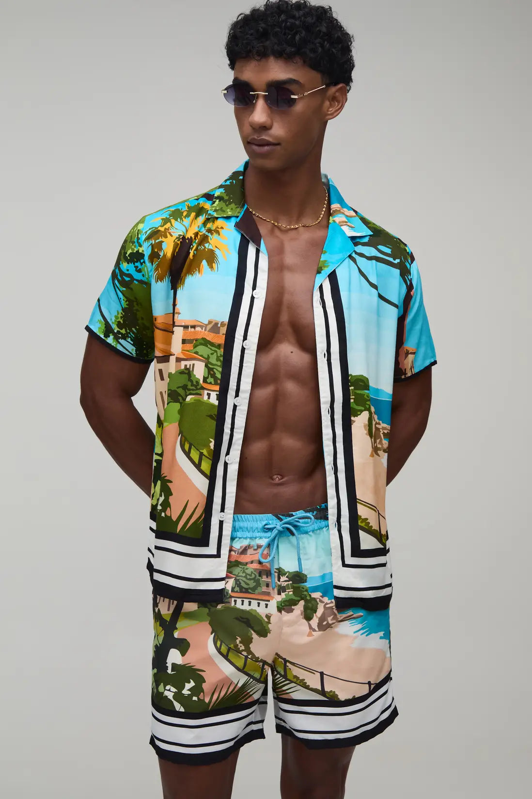 Palm Landscape Printed Shirt & Swim Short Set