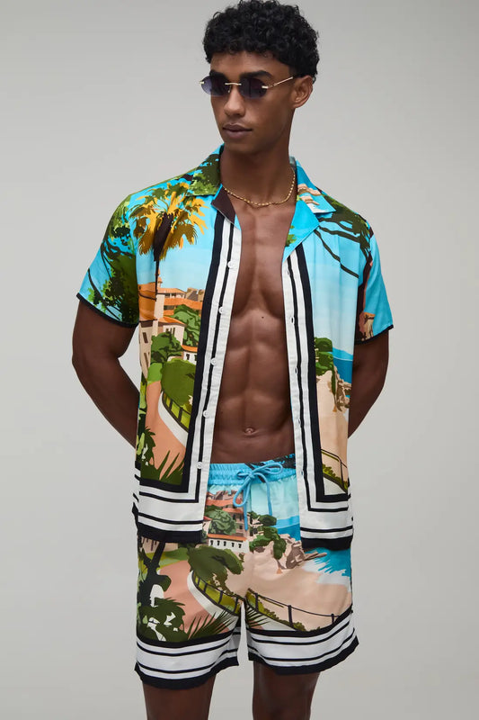 Palm Landscape Printed Shirt & Swim Short Set