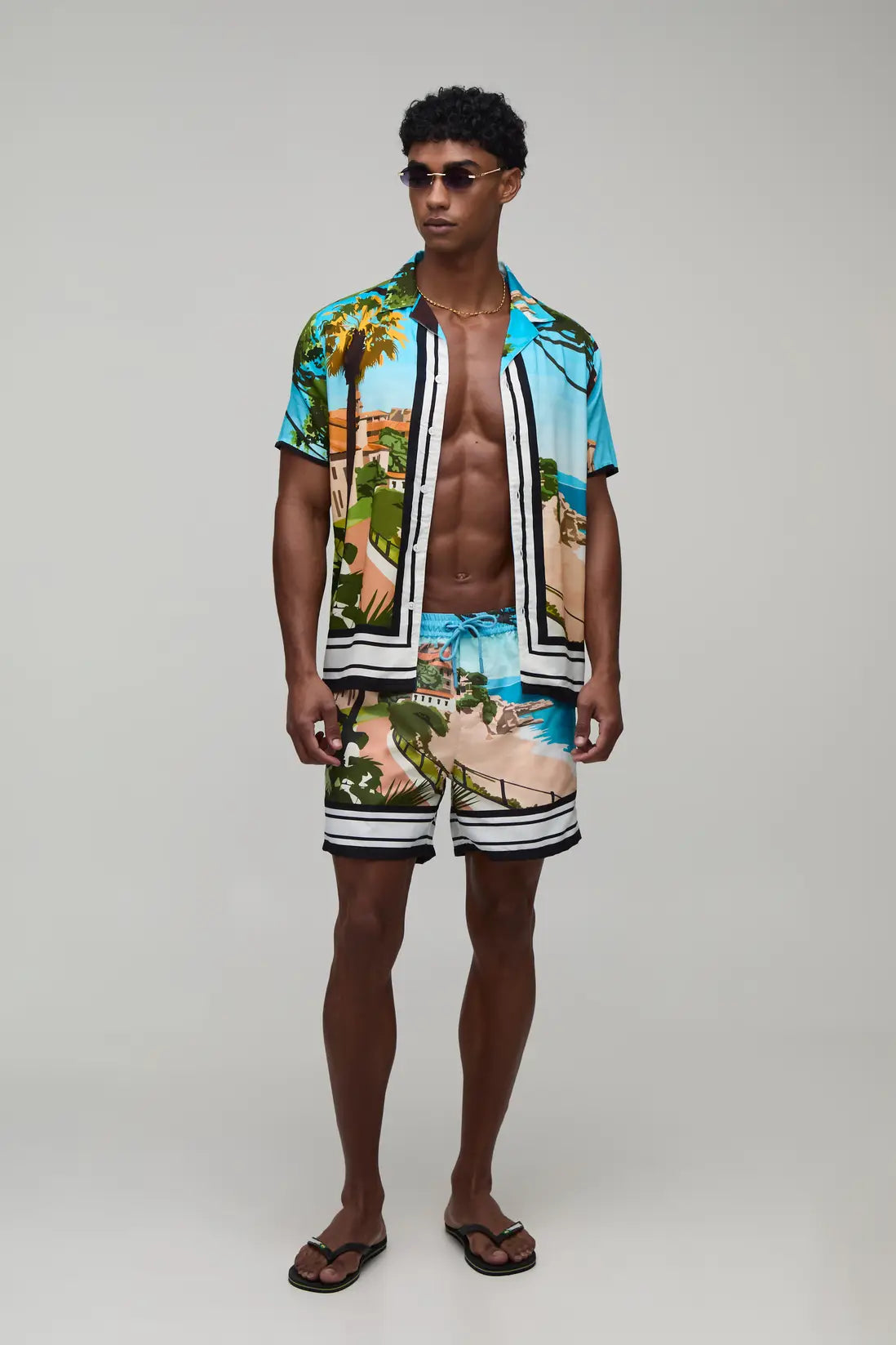 Palm Landscape Printed Shirt & Swim Short Set