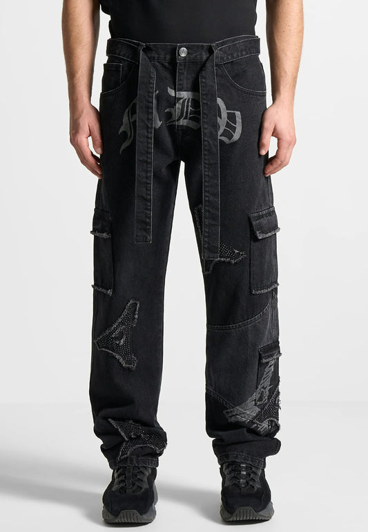 MDV Rhinestone Eiffel Patch Jeans - Stonewash Black