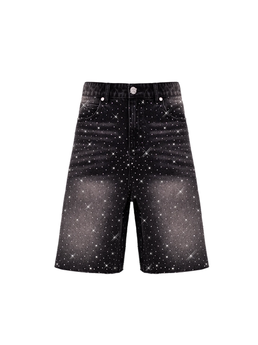 Rhinestone Denim Jorts - Black